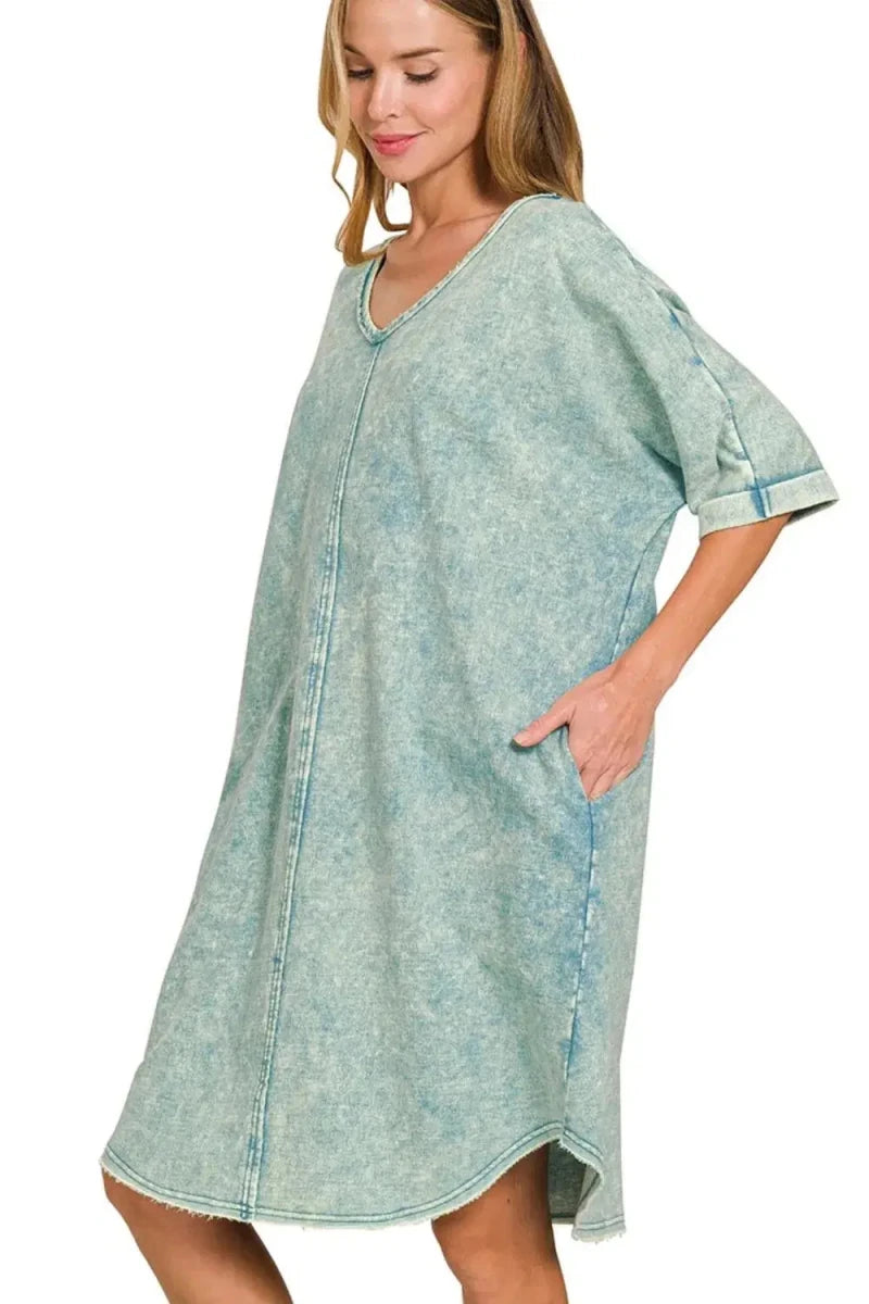 Zenana Acid - washed French Terry Tee Shirts Dress - Lustreve