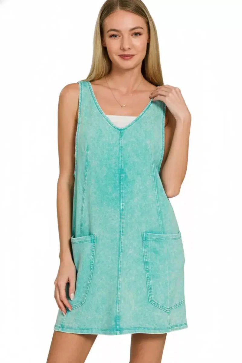 Zenana Acid Washed Overall Knit Mini Dress - Lustreve