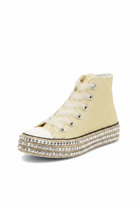 Champagne Drip Glitter Lace-Up Studded Platform Sneakers
